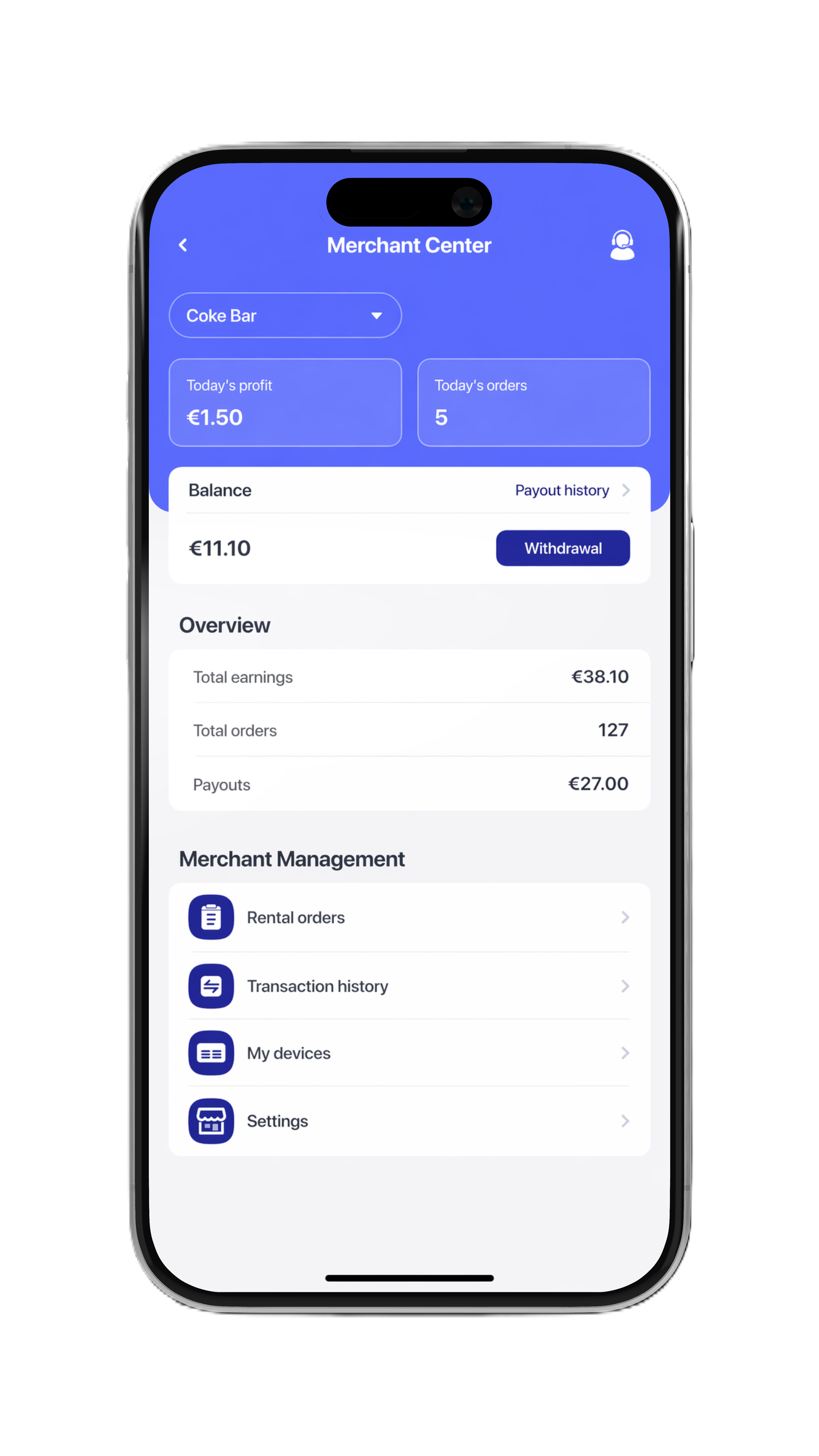 VoltStation app — merchant dashboard