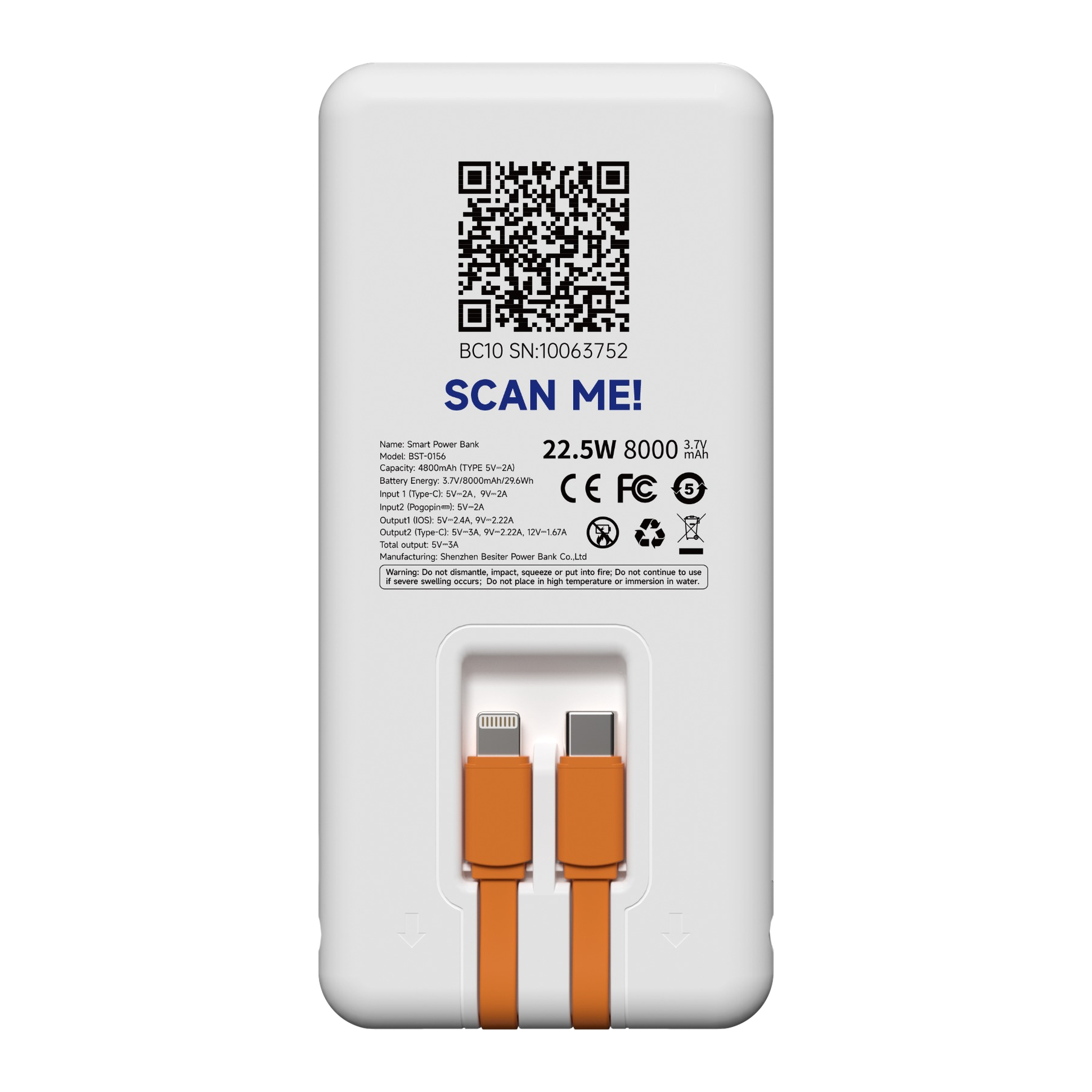 VoltStation powerbank — back view showing QR scan code and built-in cables