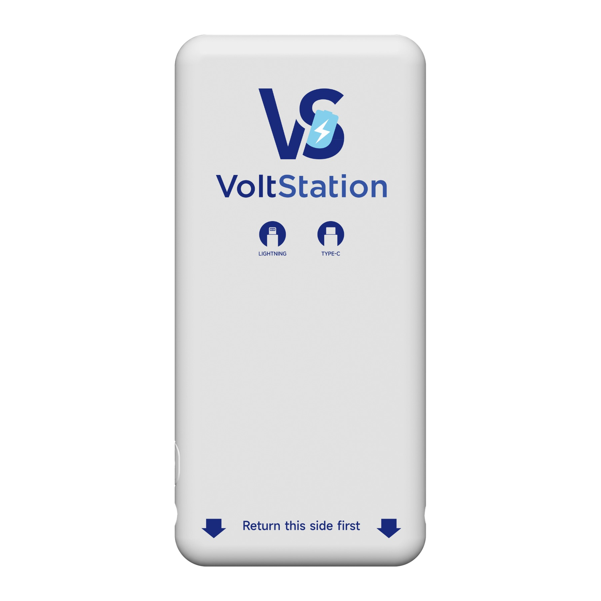 VoltStation powerbank — front view showing VS logo, Lightning and USB-C connectors